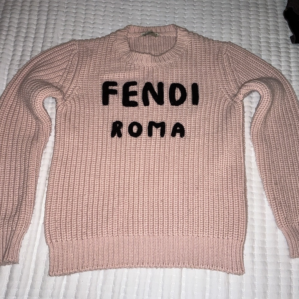 Findi Pink Logo Letter Embroidered Wool‎ Crewneck Sweater Size 40